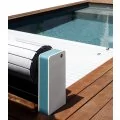 AstralPool Sveltea above ground automatic swimming pool covers, white and blue turquoise, 4.03 x 12 m