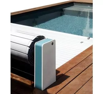 AstralPool Sveltea above ground automatic swimming pool covers, white and blue turquoise, 4.03 x 12 m